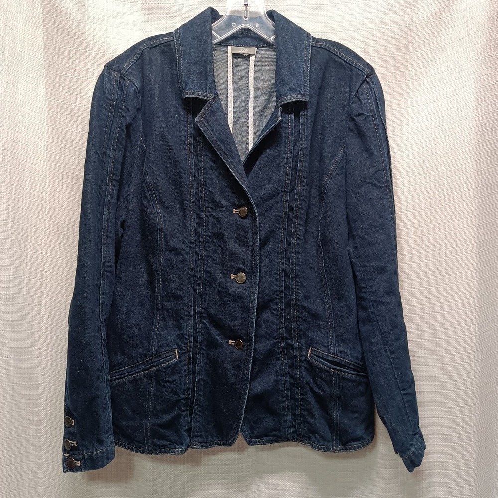 J.‎ Jill Blue Denim Blazer Womens 10 Linen Blend Three Button Jean Jacket